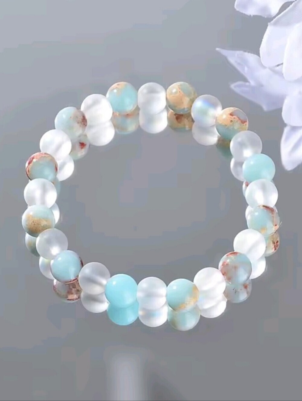 Health Crystal Bracelet Ocean Jasper Halo Quartz Stretch Beaded Bracelet - Picture 5 of 10